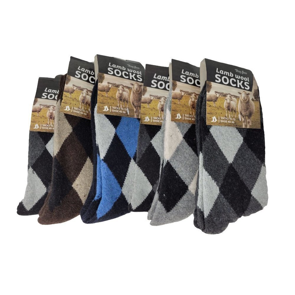Men's Lamb Wool Warm Crew Socks, Argyle Patterns, 6 Pairs